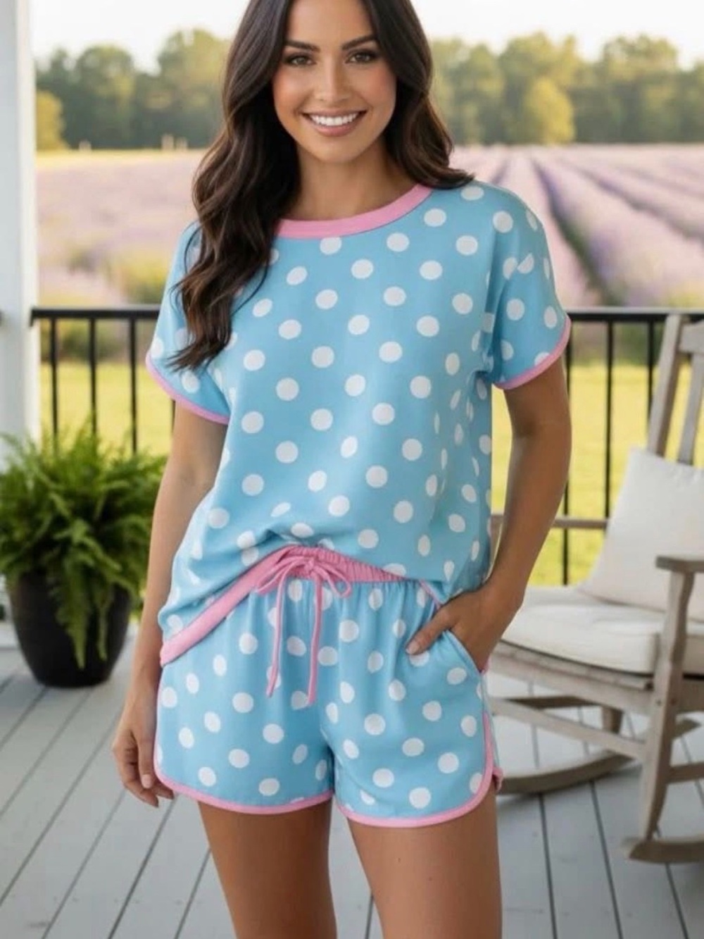 NWT Blue Polka Dot Matching Set Small Pink Trim Top & Shorts Boutique
